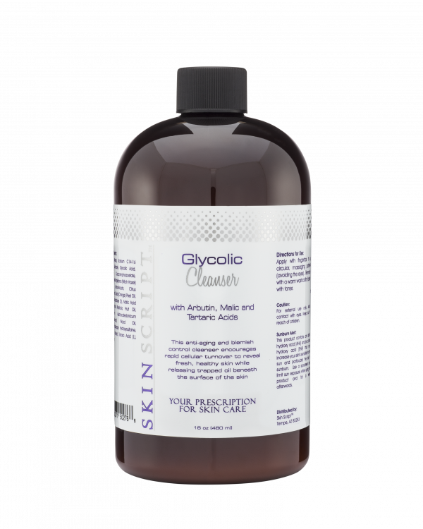 A bottle of glycolic cleanser with acidic, mild and temple acids.