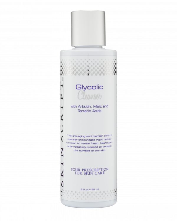 A bottle of glycolic cleanser on a white surface.