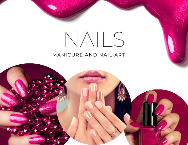A collage of nails and nail art with pink paint.