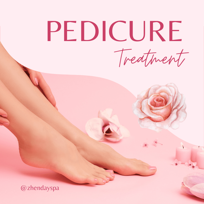 A woman 's feet with pink flowers and the word pedicure treatment.